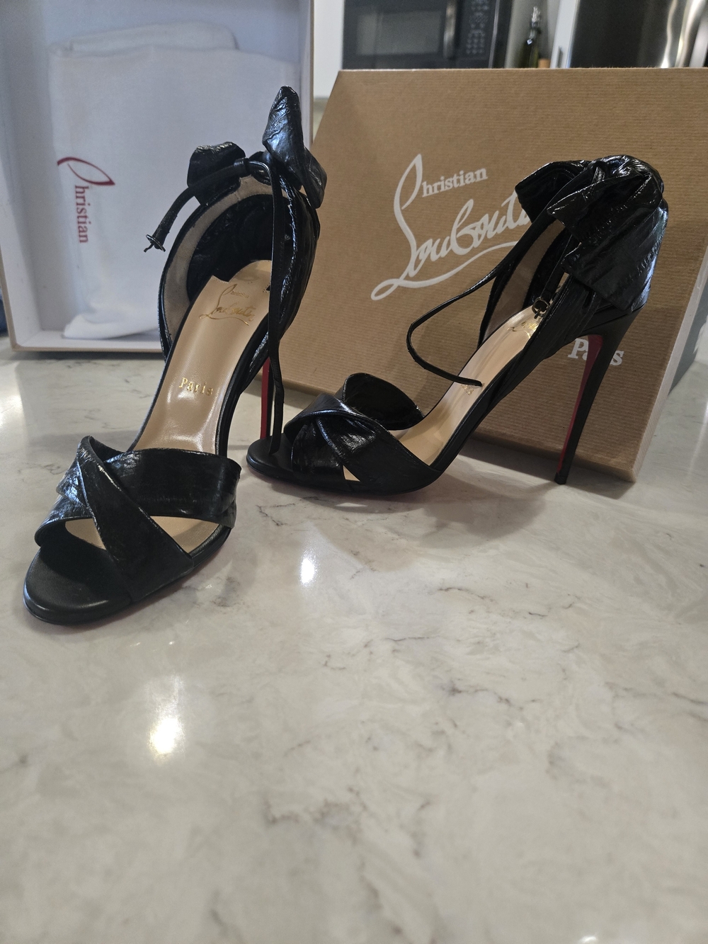 Christian Louboutin Black Leather Bow Ankle-Tie Heels 40 NIB!!! - Picture 3 of 16